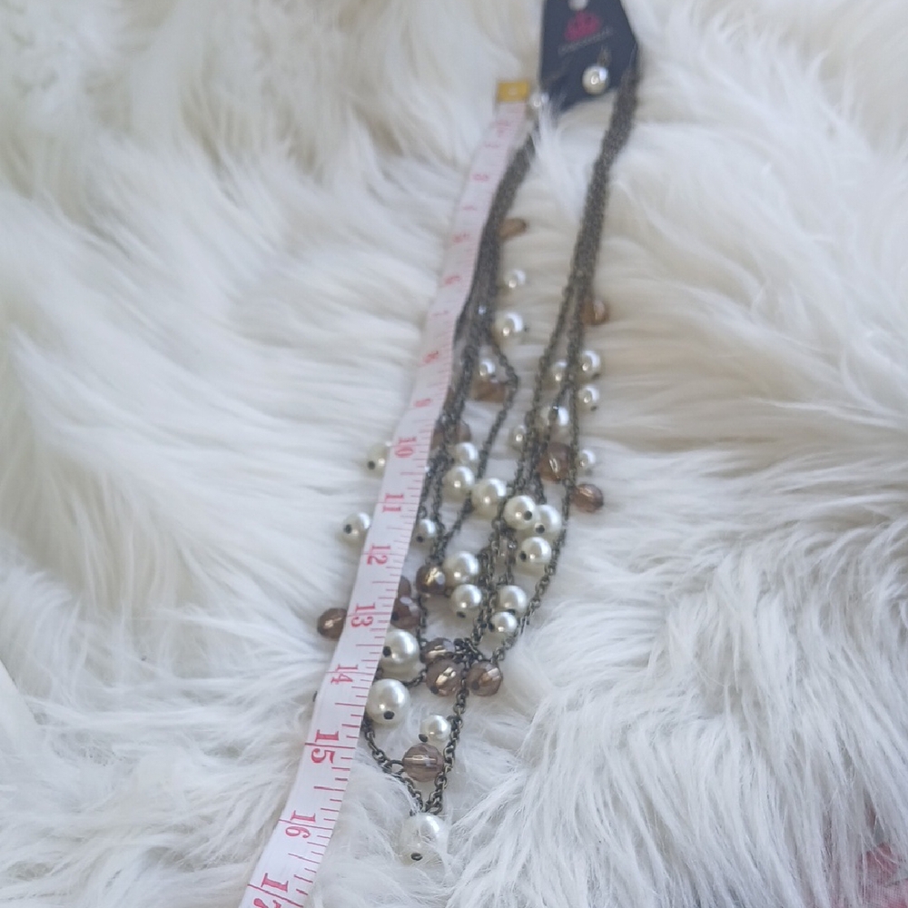 Paparazzi Layered Pearl and Brown Bead Brass Necklace LONG - Picture 7 of 9